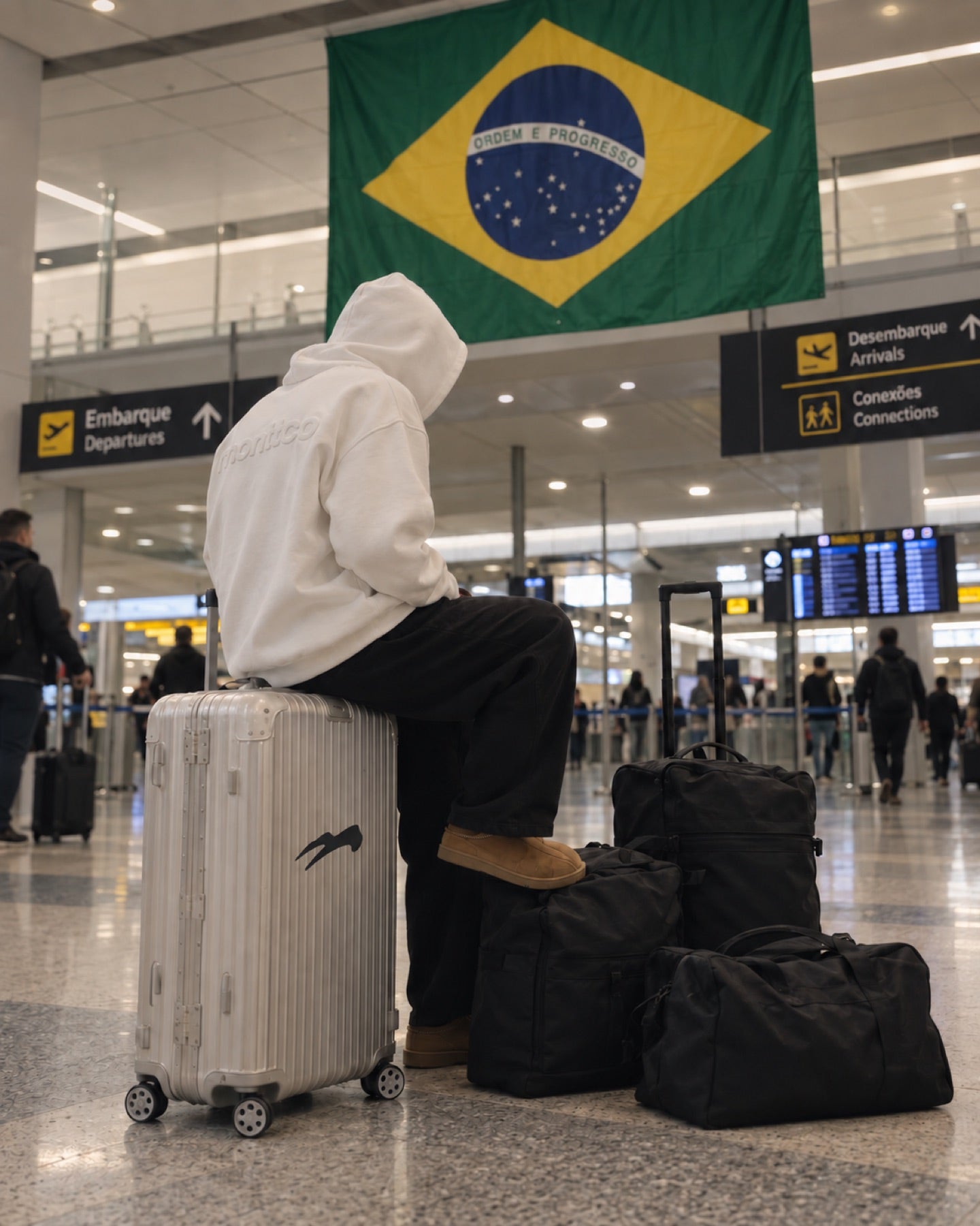Pessoa de costas com mala no aeroporto, bandeira do Brasil ao fundo