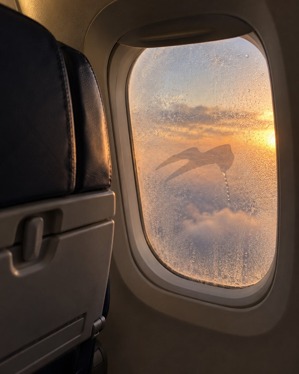 Vista da janela do avião ao pôr do sol